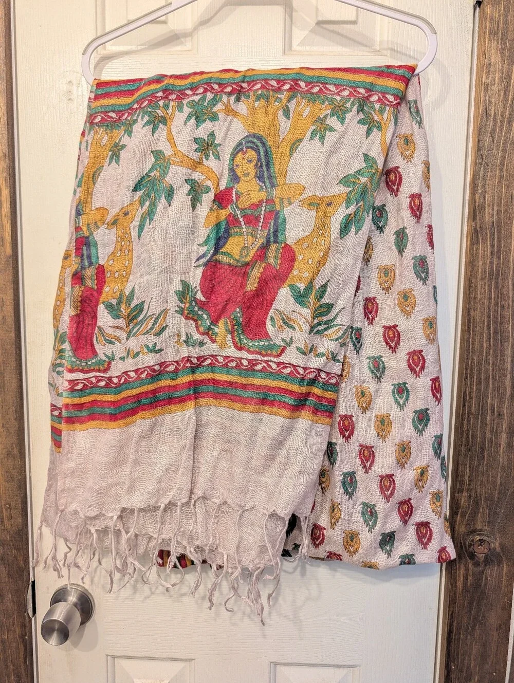 Vintage 1960s Linen Wrap Scarf Indian Cultural Scene Colorful Shawl Woman Deer